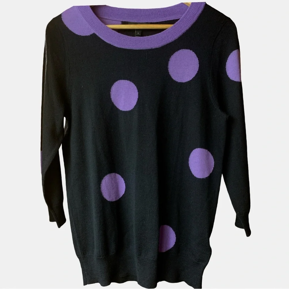 J. Crew Black Crewneck Sweater with Purple Polka Dots